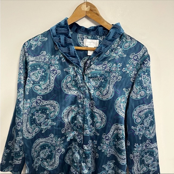 Cabernet Sleepwear Pajama Set Women XS Teal Paisley Floral Polyester Button Up - Picture 3 of 6